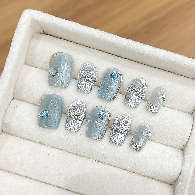 Handmade  A1719เล็บปลอมCat Eye การออกแบบธรรมดาสั้นสแควร์เงาหรูหรา Elegant Reusable Natrual