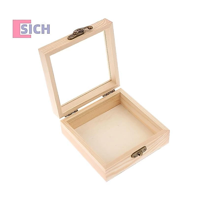 [Sich] กล่องเก็บของไม้ไม้ธรรมดาพร้อมฝาปิดกล่องหัตถกรรมบานพับสี่เหลี่ยมใหม่