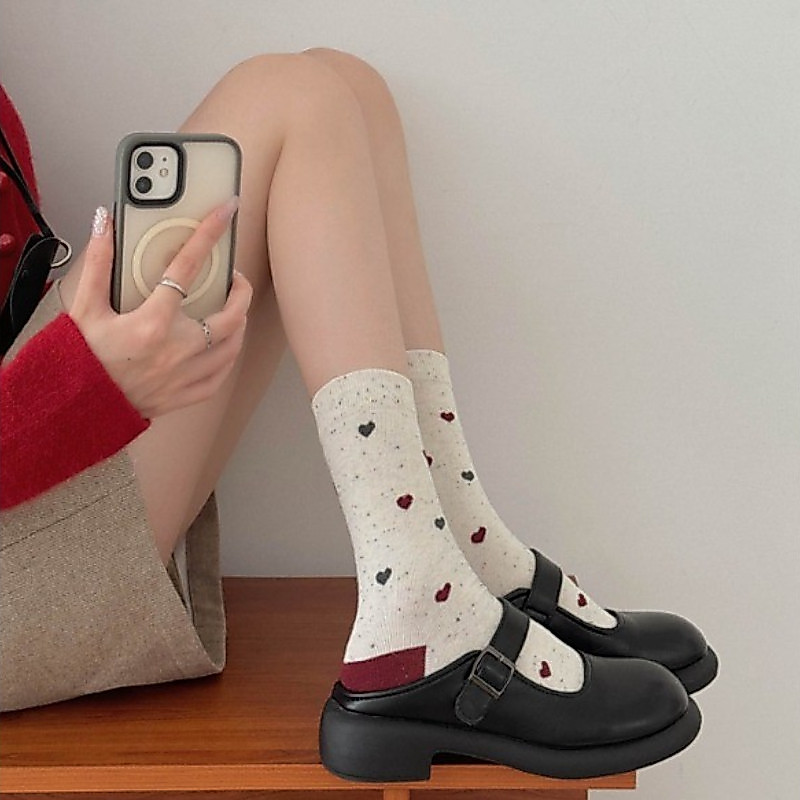 ถุงเท้ากลางหลอดของผู้หญิง Berry Red Series เกาหลี ins Preppy สไตล์โบว์ Polka Dot หวาน