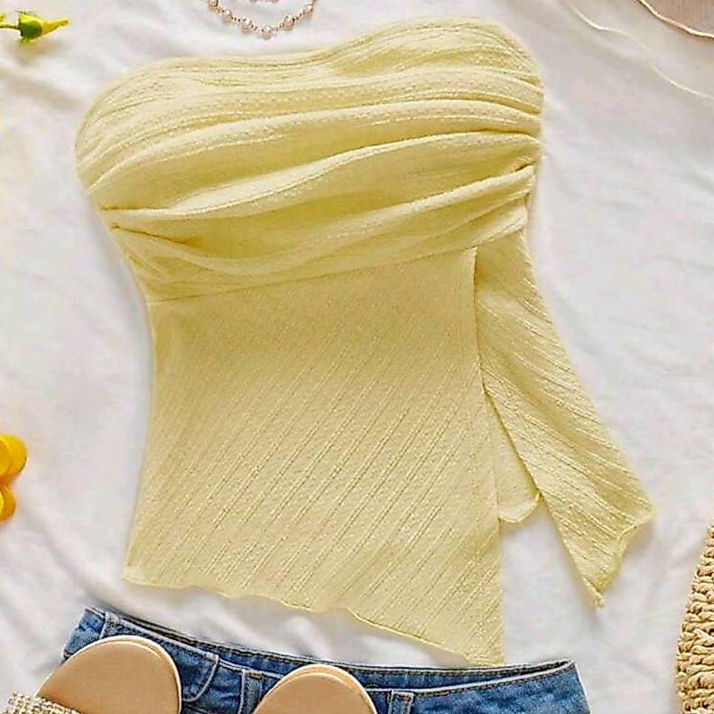 Crop TC25125 เสื้อเกาะอก จับจีบช่วงอก ผ่าข้าง