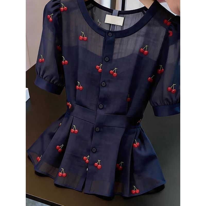 2026 Chic Very Fairy Top สวยลดอายุสไตล์ตะวันตก Navy Blue รูปที่ 5