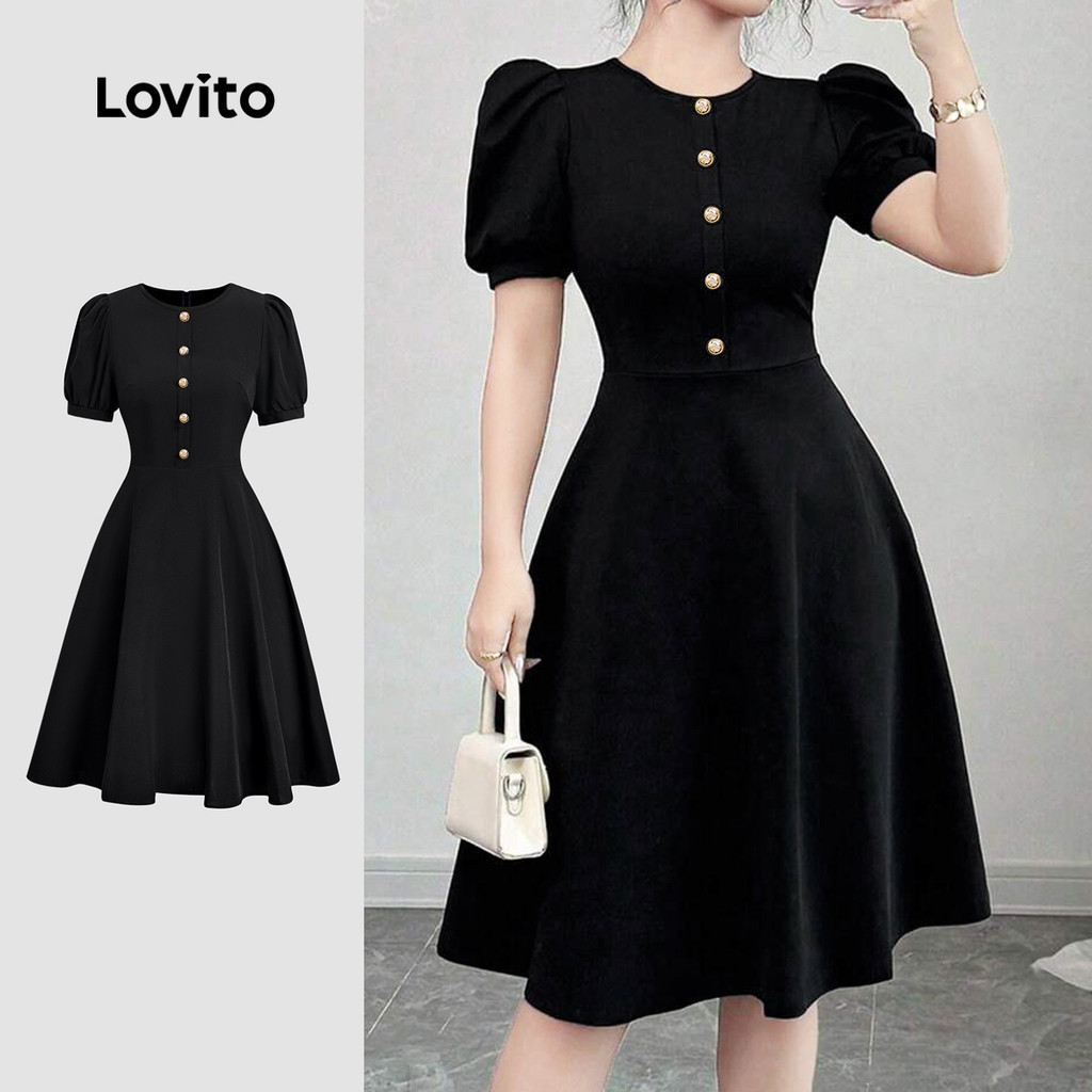 Lovito ชุดเดรสหรูหราปุ่มเดรสน SHO Spring/Summer สีดำ สำหรับผู้หญิง L155AD1723