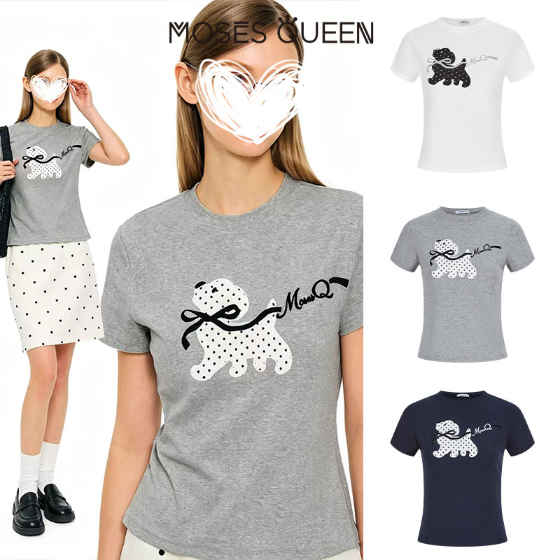 MOSESQUEEN ความเมตตา เสื้อยืดแขนสั้นถักโบว์ลูกสุนัขลายจุดน่ารักสําหรับผู้หญิงฤดูร้อนสไตล์ใหม่เข้ารูปวัยรุ่นและหวานสัมผัสความหวาน #63843
