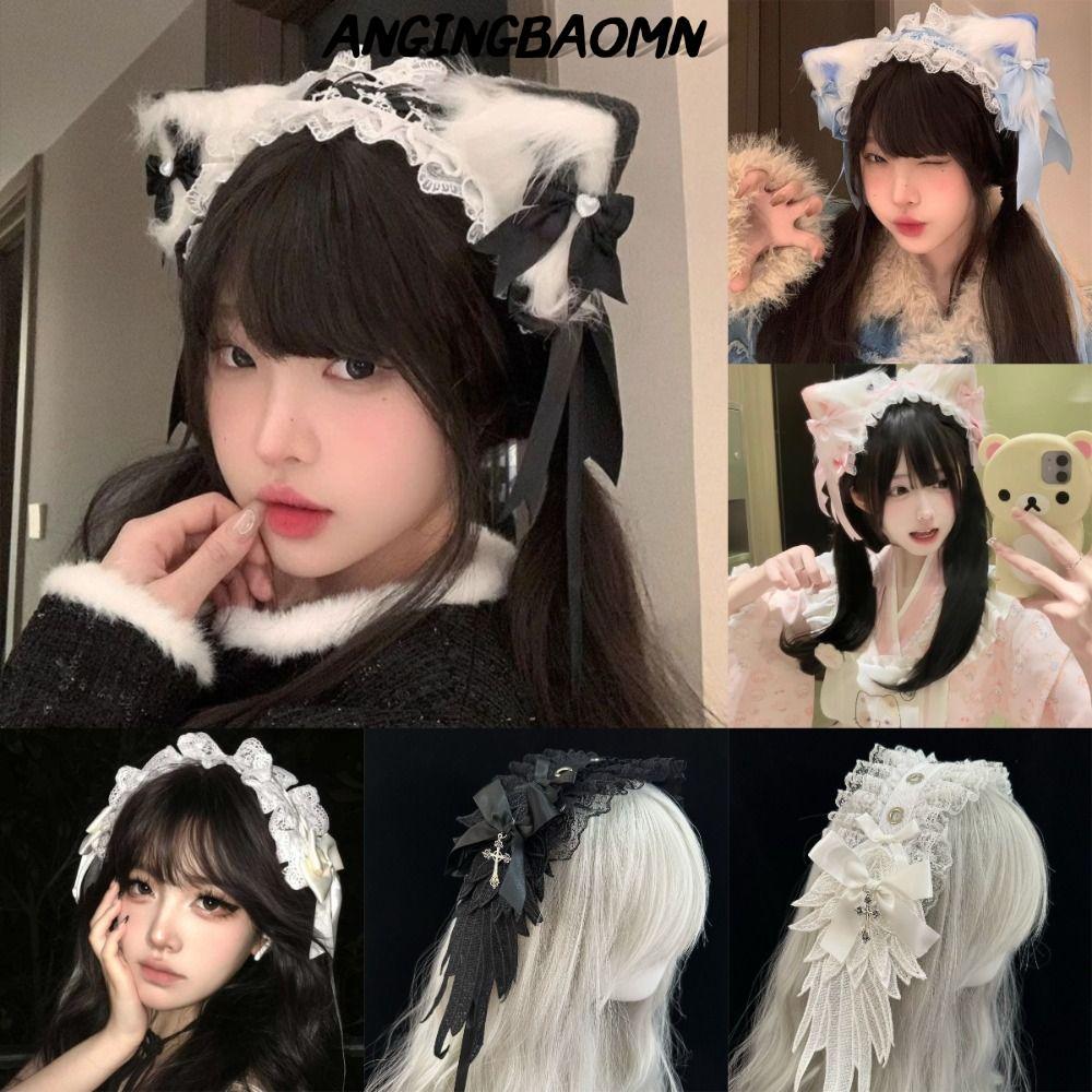 ANGINGBAOMN ที่คาดผมหูแมว, ผ้าพันหัวโบว์ลูกไม้, คอสเพลย์ Lolita Headwear ผู้หญิง