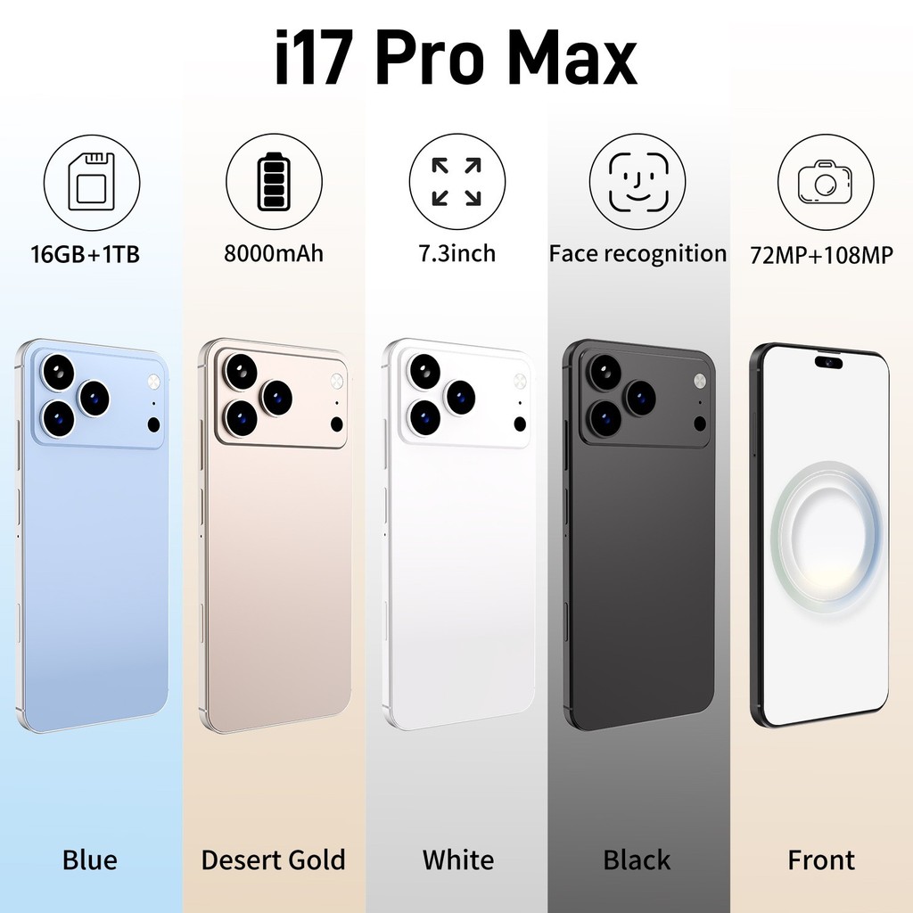 โทรศัพท์มือถือ i17 Pro Max 16GB RAM 1TB ROM Android 15 สมาร์ทโฟน 7.3 นิ้ว