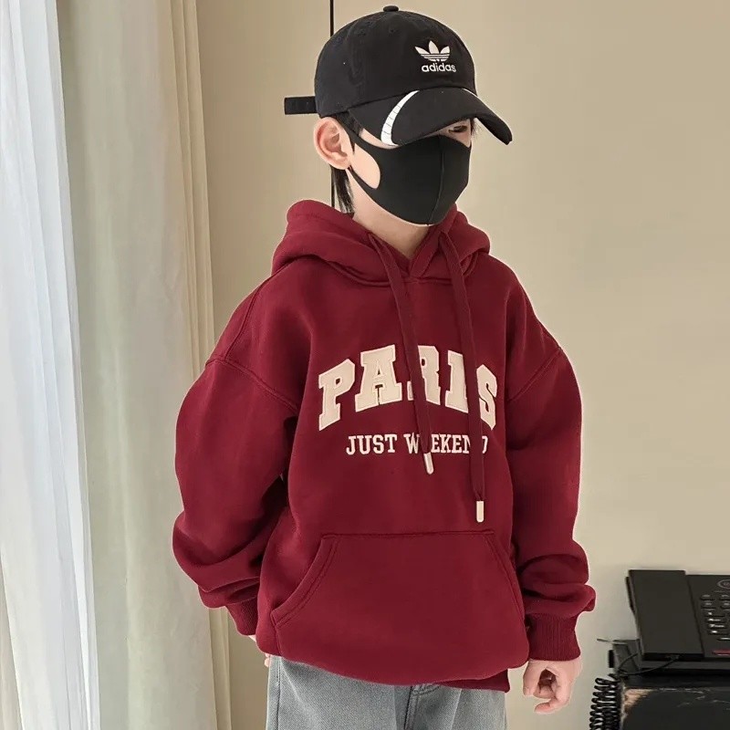 เสื้อกันหนาวมีฮู้ดสำหรับเด็กผู้ชาย พิมพ์ลายตัวอักษรสไตล์สตรีท ทรงหลวม เหมาะกับฤดูหนาว