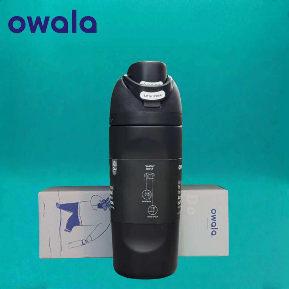 Owala FreeSip 16oz ขวดน้ําสําหรับเด็ก | หลอดป้องกันการรั่วไหลและจิบง่ายสําหรับเด็กวัยหัดเดิน-สีดํา