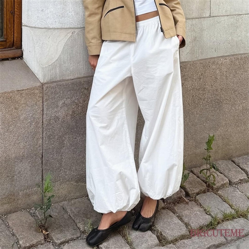 กางเกงโคมไฟทรงหลวมสไตล์ฮาเร็มสีทึบสำหรับผู้หญิง ใส่สบายทุกวันในฤดูร้อน