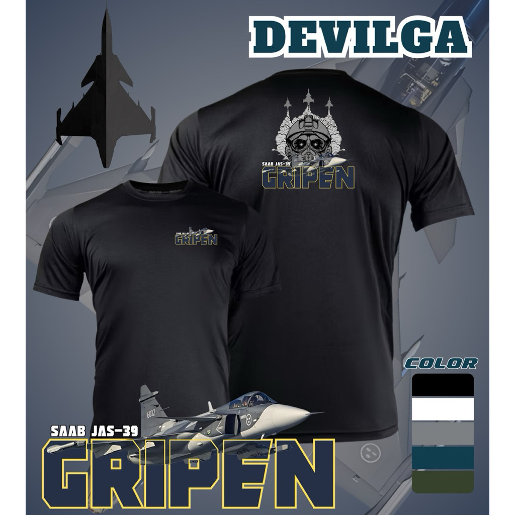 เสื้อยืดผ้าฝ้ายลายเครื่องบิน Gripen Jet SAAB JAS-39 กับกราฟิก Devilga พิมพ์ทั้งสองด้าน