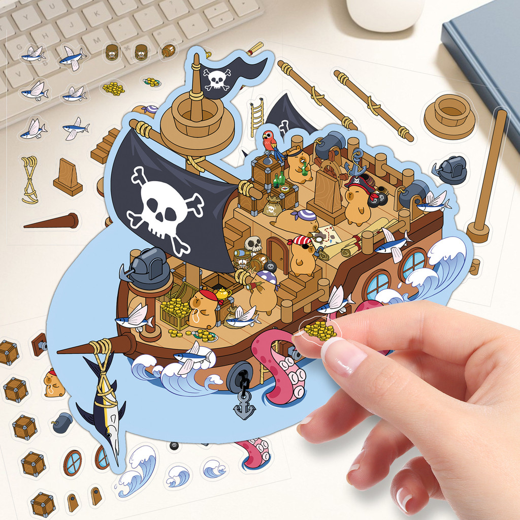 Capybara Pirate Ship Landscape Stickers PET Cartoon Miniature House DIY Scene Stickers