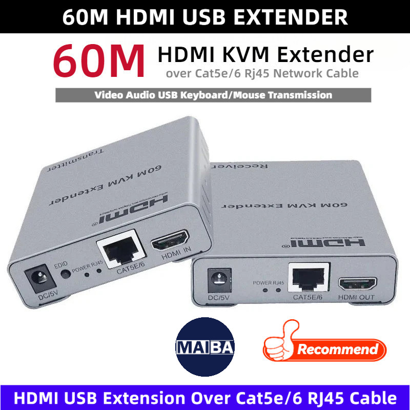 60M HDMI KVM Extender มากกว่า Cat5e/6 Rj45 สาย 1080P 60Hz วิดีโอเสียงคีย์บอร์ด USB/รับส่งเมาส์