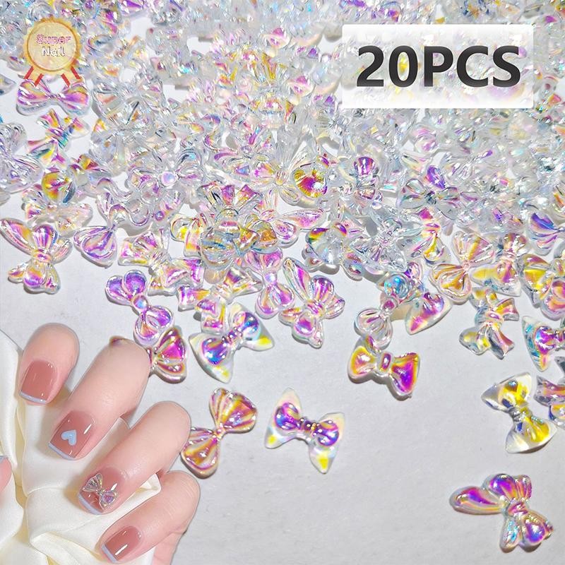 FLTH 20PCS Auroras Bowknot 3D ตกแต่งเล็บเรซิ่น Charms Jelly สี Glitter ริบบิ้นโบว์ DIY สําหรับร้านเล็บ Salon