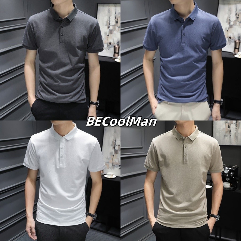 BeCoolMan🍃จัดส่งในกรุงเทพฯ สไตล์ใหม่ในฤดูร้อน เสื้อโปโลผู้ชาย สีพื้น แขนสั้น หลวม สันทนาการ งานธุรกิจ