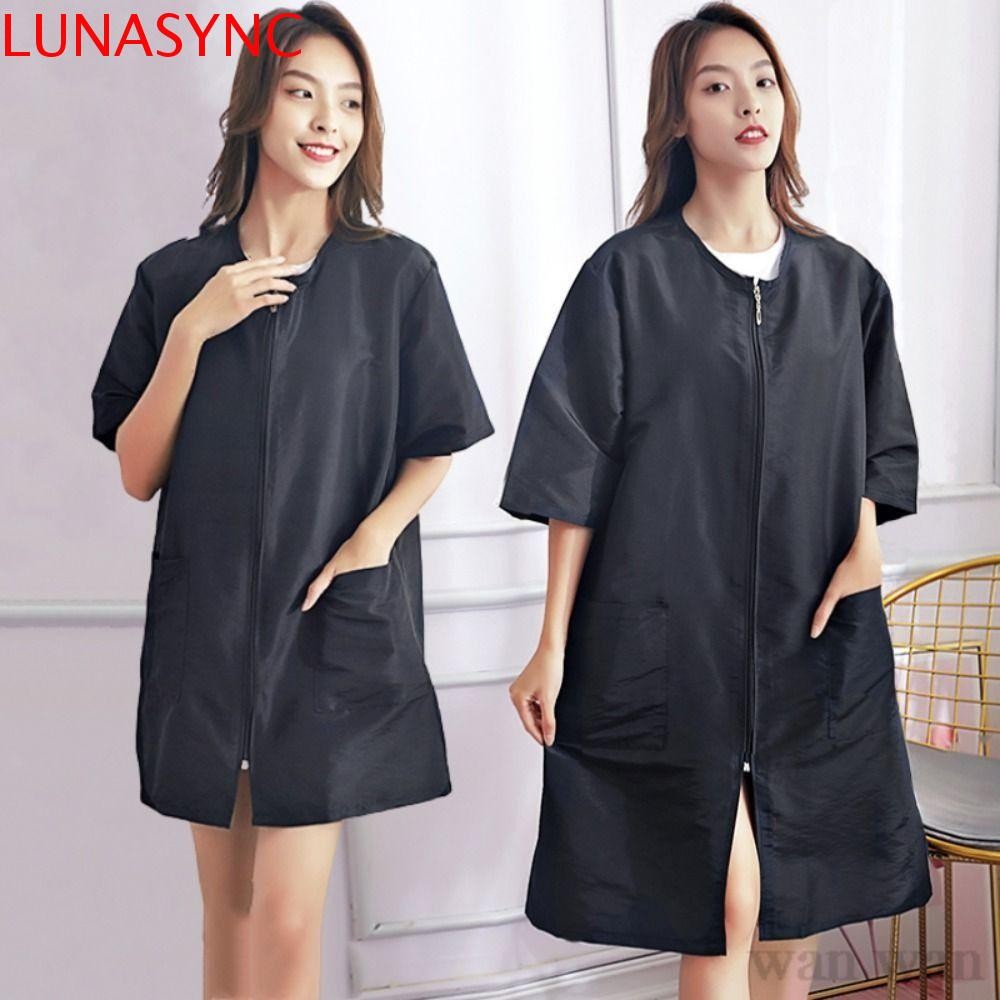 ลูน่าซิน ร้านตัดผมเสื้อผ้าทํางาน,สั้น/แขนยาวโพลีเอสเตอร์ร้านทําผมเครื่องแบบ,สากลไม่ติดผมระบายอากาศง่ายซิปช่างทําผมเสื้อคลุมร้านเสริมสวย