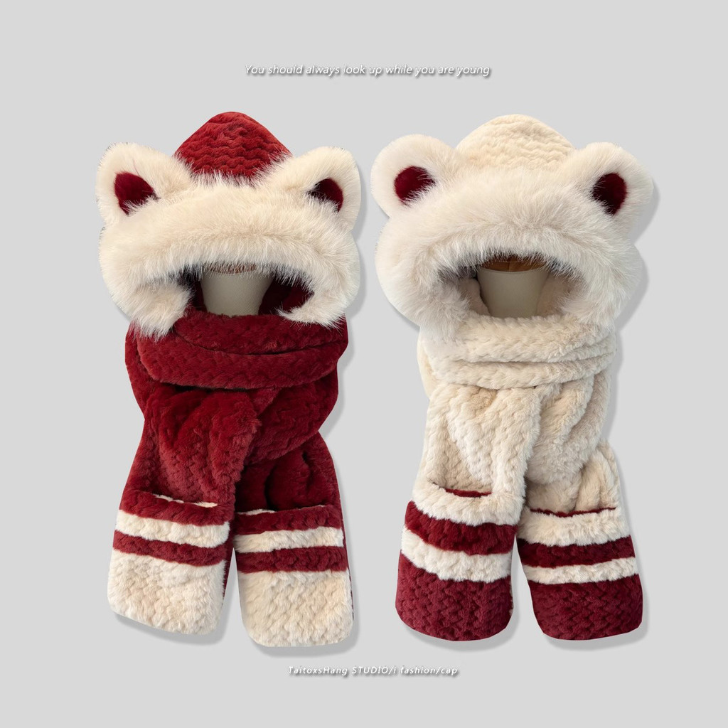 น่ารักหมีสีจับคู่ตุ๊กตาหมวกผ้าพันคอถุงมือชิ้นเดียวขนแกะหญิงซับหนาขี่จักรยานป้องกันหูอบอุ่นเล่ย ฮ หมว