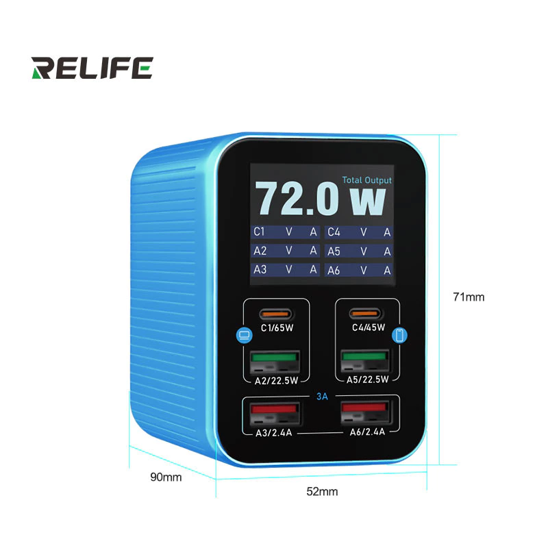 RELIFE Q4 Fast Charger 6-Port 72W Dual PD Dual QC TFT HD หน้าจอสีสําหรับโทรศัพท์มือถือแท็บเล็ต 6-Port Desktop Charger