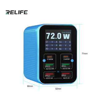 RELIFE Q4 Fast Charger 6-Port 72W Dual PD Dual QC TFT HD หน้าจอสีสําหรับโทรศัพท์มือถือแท็บเล็ต 6-Port Desktop Charger