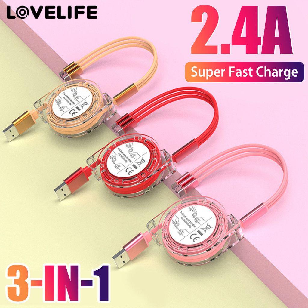 [AUTO&3C]สายชาร์จไร้พันกัน 5V/2.4A Fast Charge | สายไฟแบบยืดหดได้สามอินเทอร์เฟซ (Type-C/Android) พร้อมสีโปร่งใส 6 สี