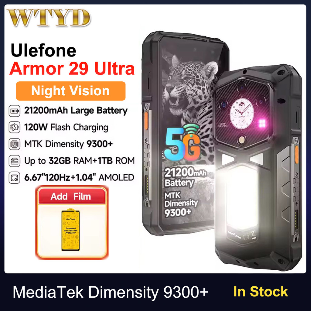 Ulefone Armor 29 Ultra 5G AI โทรศัพท์ที่ทนทาน 16GB + 1TB Night Vision 21200mAh 6.67 "ขนาด 9300 ไฟ LE