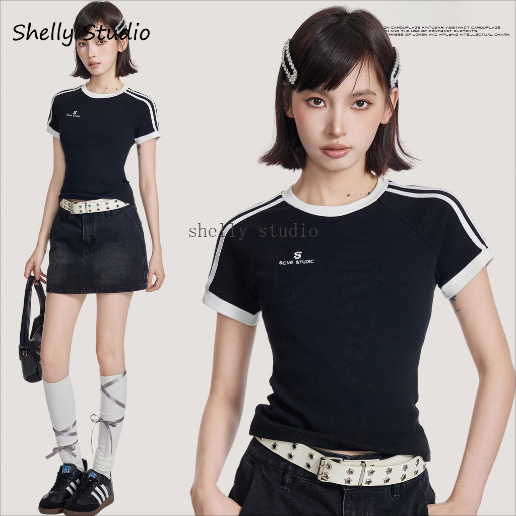 เสื้อยืดผ้าบางพิมพ์ลายสำหรับผู้หญิง สีดำพอดีตัว เหมาะสำหรับวันร้อน