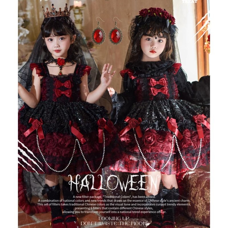 Halloween Kids Lolita Princess Dress - Dark Red & Black Rose Lace Puff Dress for Girls' Party & Cos
