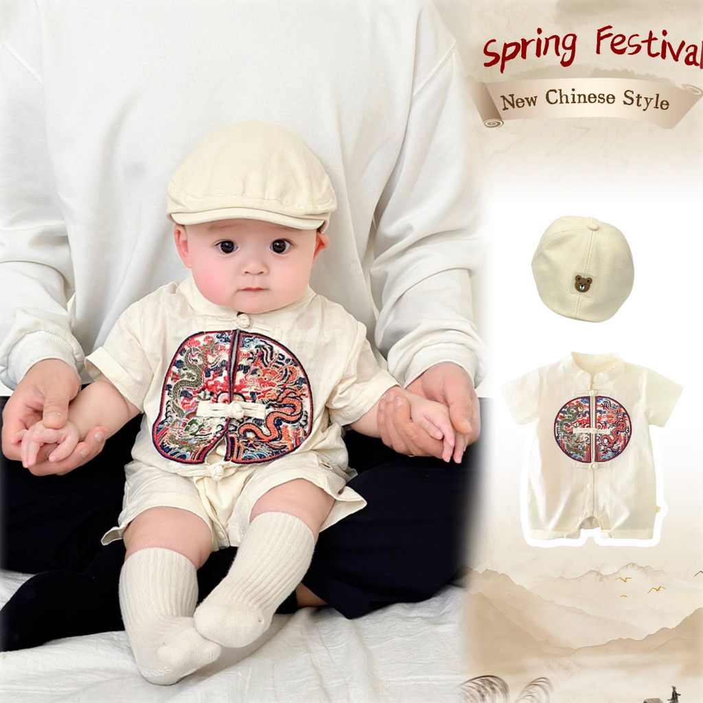 ฤดูร้อนใหม่เสื้อผ้าเด็กทารกชายและหญิงบอดี้สูทแขนสั้น 0-24 เดือนเป็นมิตรกับผิวและสะดวกสบายเย็บปักถักร้อยลาย ชุดรอมเปอร์ สไตล์จีน