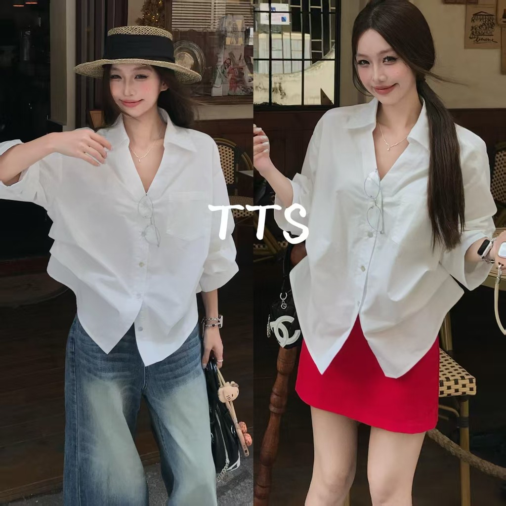TTS🔥 เสื้อเชิ้ตคอโปโลสีขาวแขนยาวผู้หญิงสไตล์เกาหลีฤดูร้อนสบายๆ อเนกประสงค์เสื้อหลวมๆ ป้องกันแสงแดด
