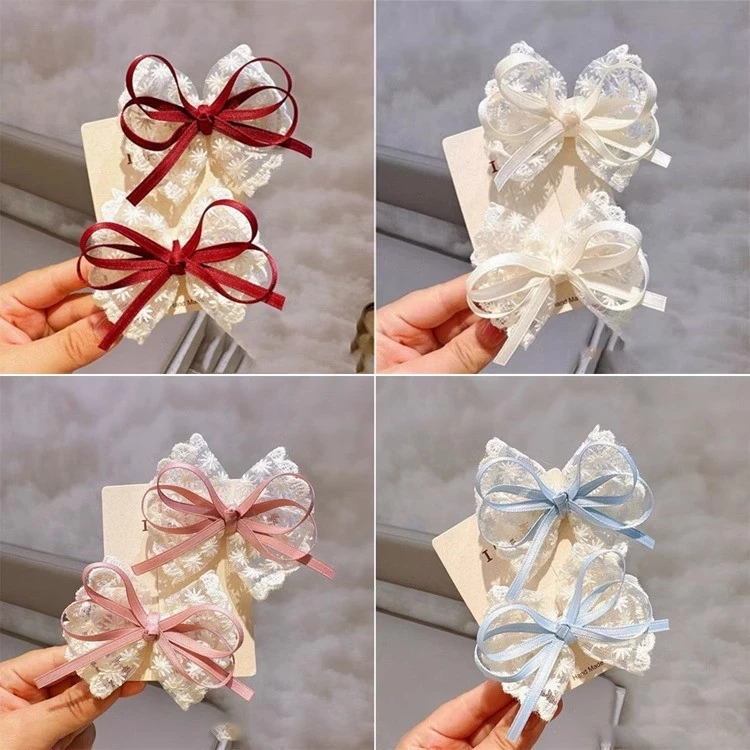 ชุดอุปกรณ์ประดับผมสไตล์ลูกไม้ 2 ชิ้น พร้อมโบว์คลาสสิกและหนีบผมสำหรับสาว ๆ