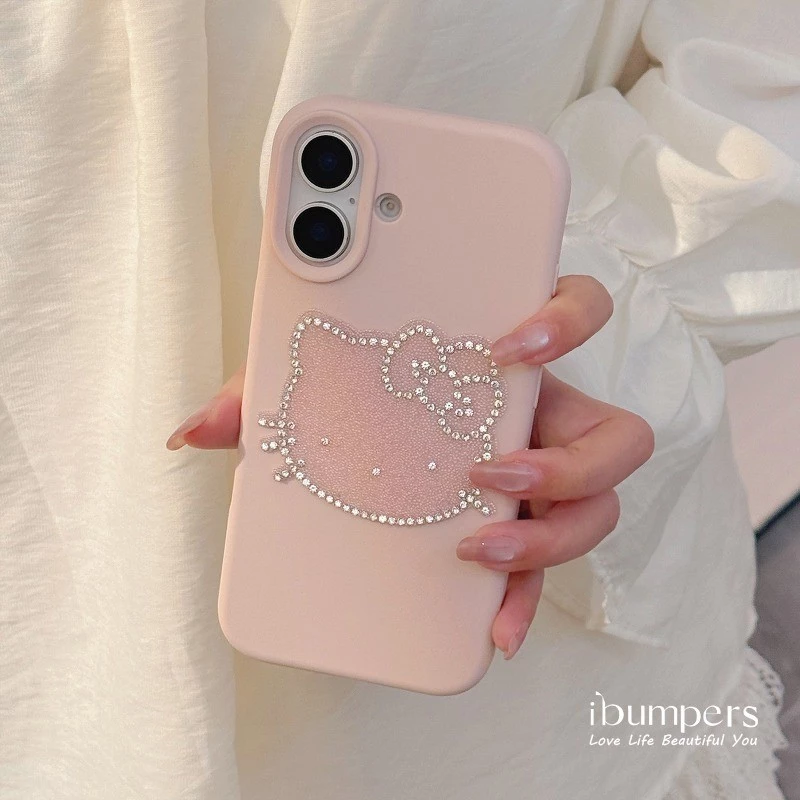 Ibumpers ความงาม Rhinestone Hello Kitty สติกเกอร์เคสโทรศัพท์สําหรับ IPhone 11 12 13 14 15 16 17 Pro Max Liquid Silicon ปกหลัง thumbnail 3