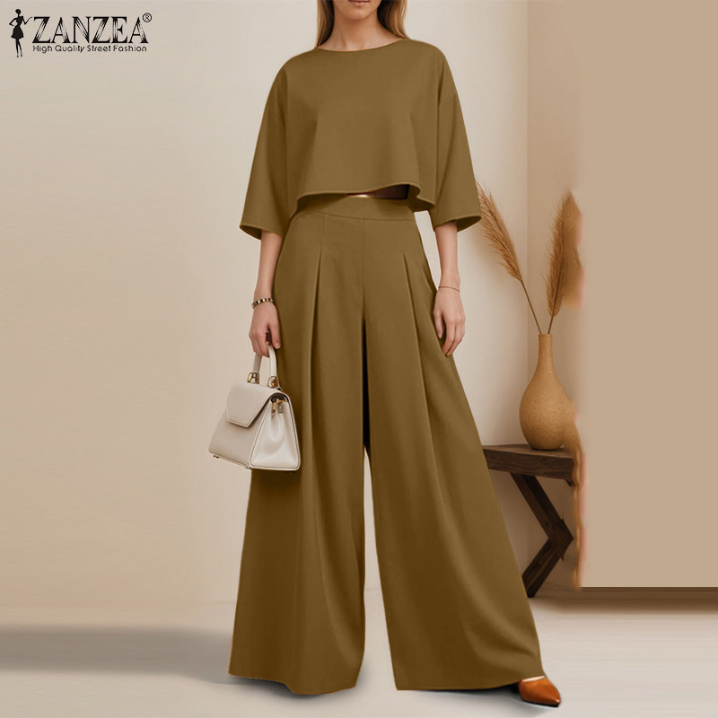 ZANZEA ชุดทำงานสำหรับผู้หญิง แขน3/4และเอวสูง กางเกงขากว้าง เหมาะสำหรับออฟฟิศ — صورة 5