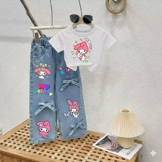 PINKชุดเซ็ทเด็กลายสุดฮิต เสื้อสกรีนลาย+กางเกงยีนส์แท้สกรีนลายแต่งโบว์