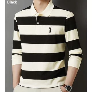 TLHGQ เสื้อโปโลลายทางแขนยาวสำหรับผู้ชาย ใส่แล้วสบาย มีสไตล์
