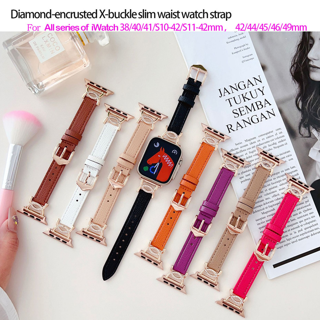 เพชรฝัง X-รูปหัวเข็มขัดเอวบางสายนาฬิกาหนังเข้ากันได้สําหรับ iWatch Ultra3/2 S10/S11 se3/2 49/41/45/4