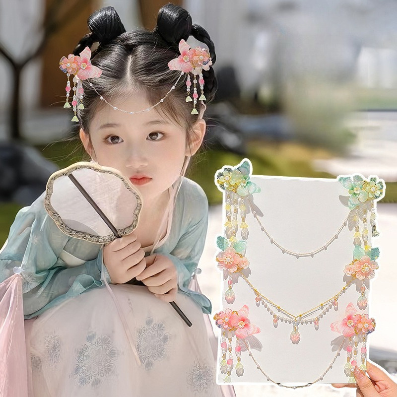 ชุดกิ๊บสไตล์โบราณจีนสำหรับเด็ก - โซ่หน้าผากและมงกุฏเจ้าหญิงพร้อมคริสตัล พู่เครื่องประดับผมหรูหราสำหรับสาวๆ