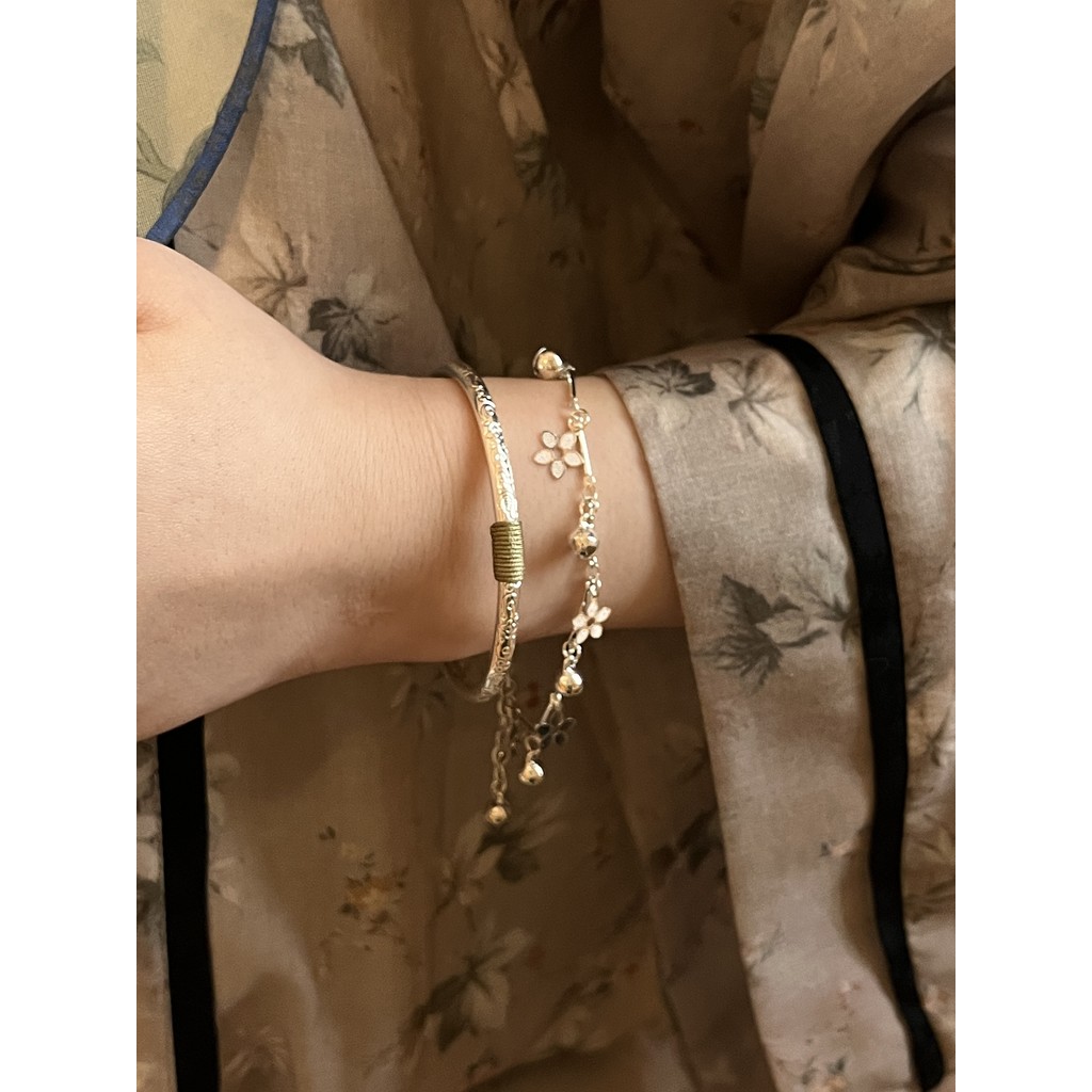 coquette bracelet กําไลข้อมือ Retro Sterling Silver Set Classy Flower Bell Female Bracelet