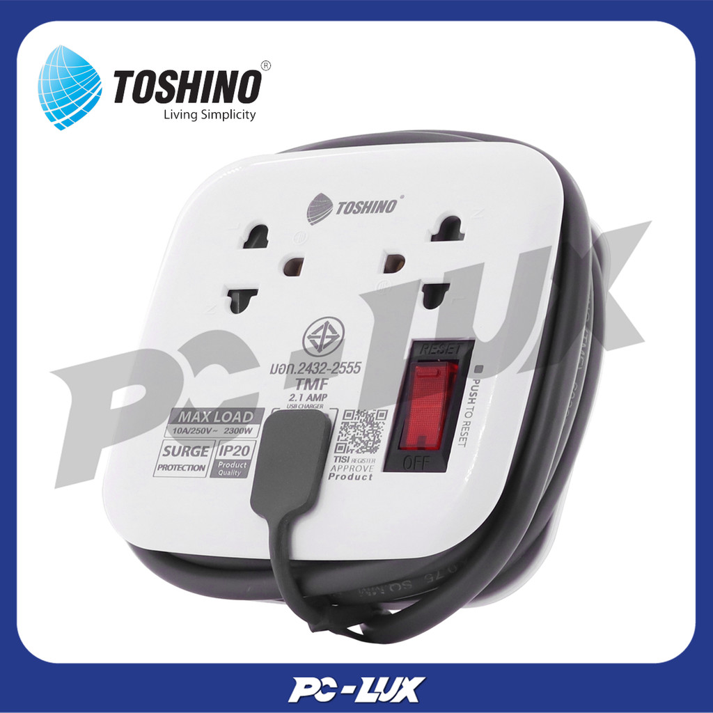 TOSHINO ปลั๊กพ่วง 2 ช่อง 2 USB 1 สวิตช์ สายไฟ 1.8 เมตร 10 แอมป์ รุ่น XP-1.8M