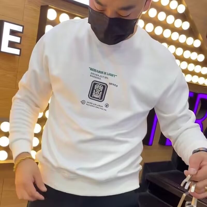 COD 20252024 Autumn Trendy Crew Neck Sweatshirt Men Korean Style Letter Print Top Slim Fit Versatile