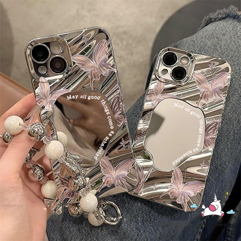 Dreamy สร้อยข้อมือผีเสื้อสําหรับ IPhone 16 13 14 11 15 17 12 Pro Max 7 Plus 16 8 14 15 Plus XR Air X XS Max 14 16 13 15 Pro SE2 SE3 กันกระแทก Make-up ฝาครอบกระจก