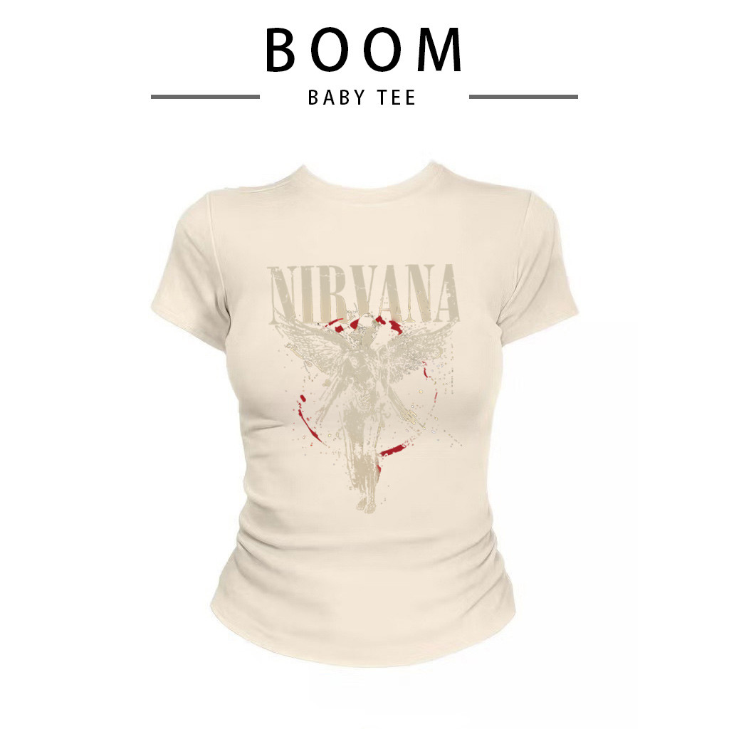 COD(จัดส่งภายใน 24 ชั่วโมง)BOOM NIRVANA เสื้อครอปเข้ารูปBaby tee y2k เสื้อคอกลม รูปที่ 2