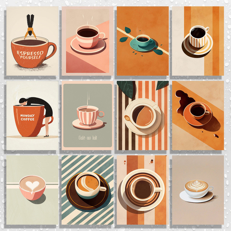 โปสเตอร์กาแฟยุคกลางศตวรรษ สไตล์ 70s ไม่มีกรอบ เหมาะสำหรับตกแต่งครัวบูฮูและเป็นของขวัญให้คนที่รักกาแฟ