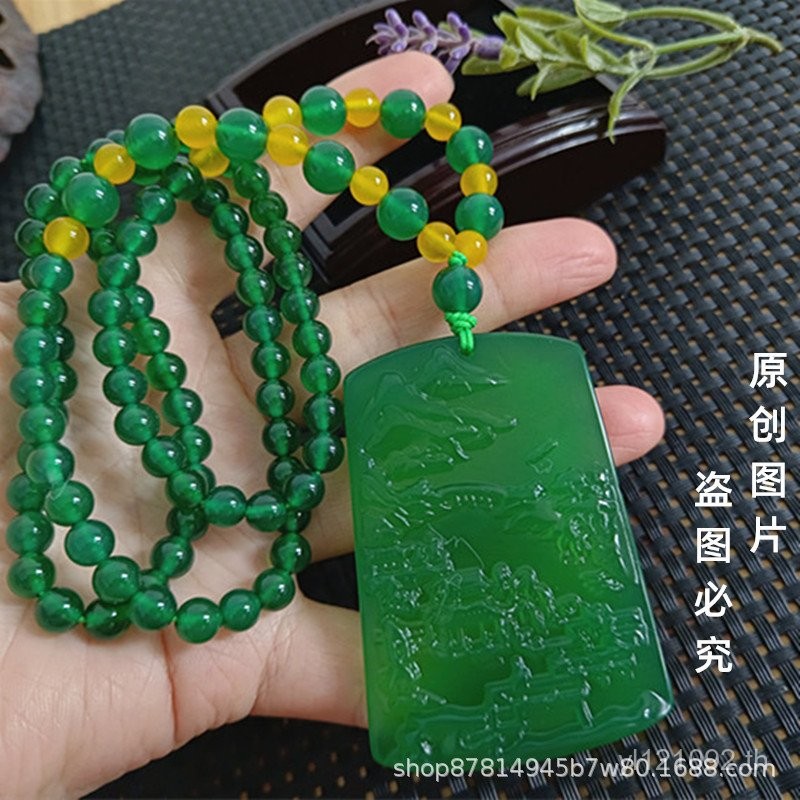 Yang สร้อยคอสีเขียว Chrysoparese Imperial Green Landscape ยี่ห้อผู้ผลิตชายใหญ่ธรรมชาติขายส่ง Agate ย