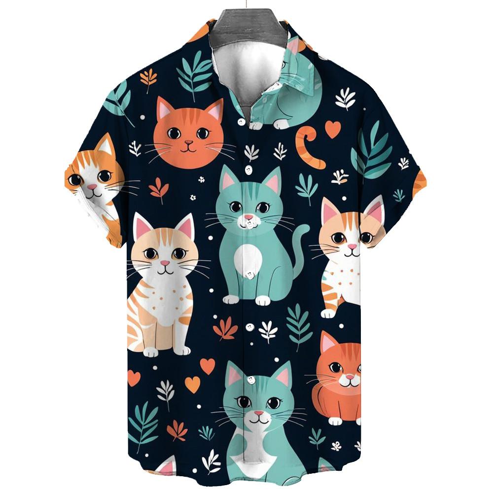 เสื้อผู้ชายสไตล์ฮาวาย ลายแมวน่ารักใหม่ สำหรับฤดูร้อน ไซส์ใหญ่สวมใส่ง่าย และปุ่มติดด้านหน้า