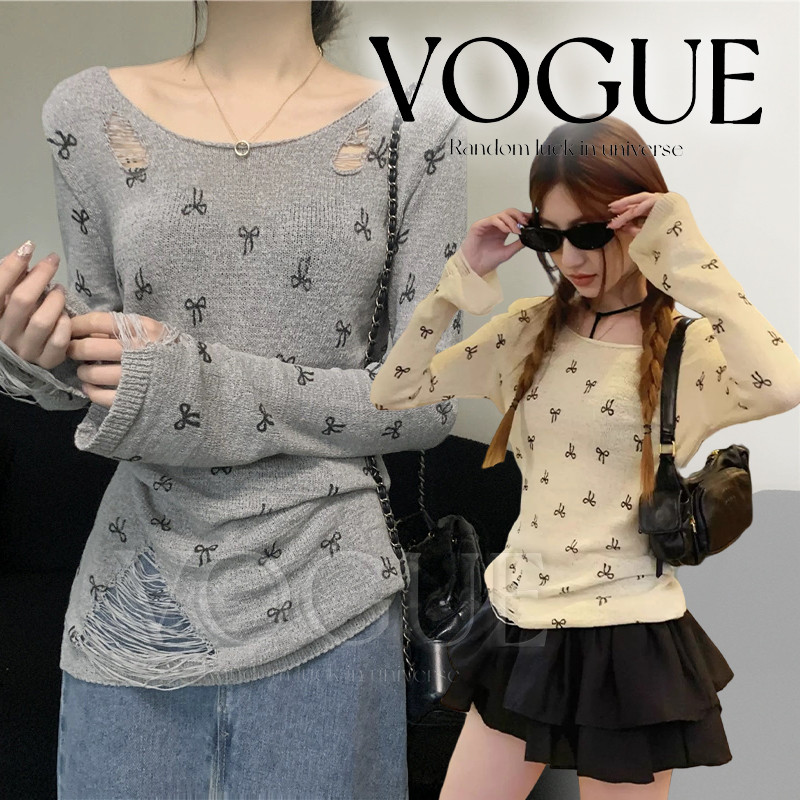 Vogue🌟พร้อมส่ง🌟 เสื้อไหมพรมแขนยาว คอกว้าง ดีเทลซีทรูลายโบว์ ยืดกำลังพอดี (Y6526)