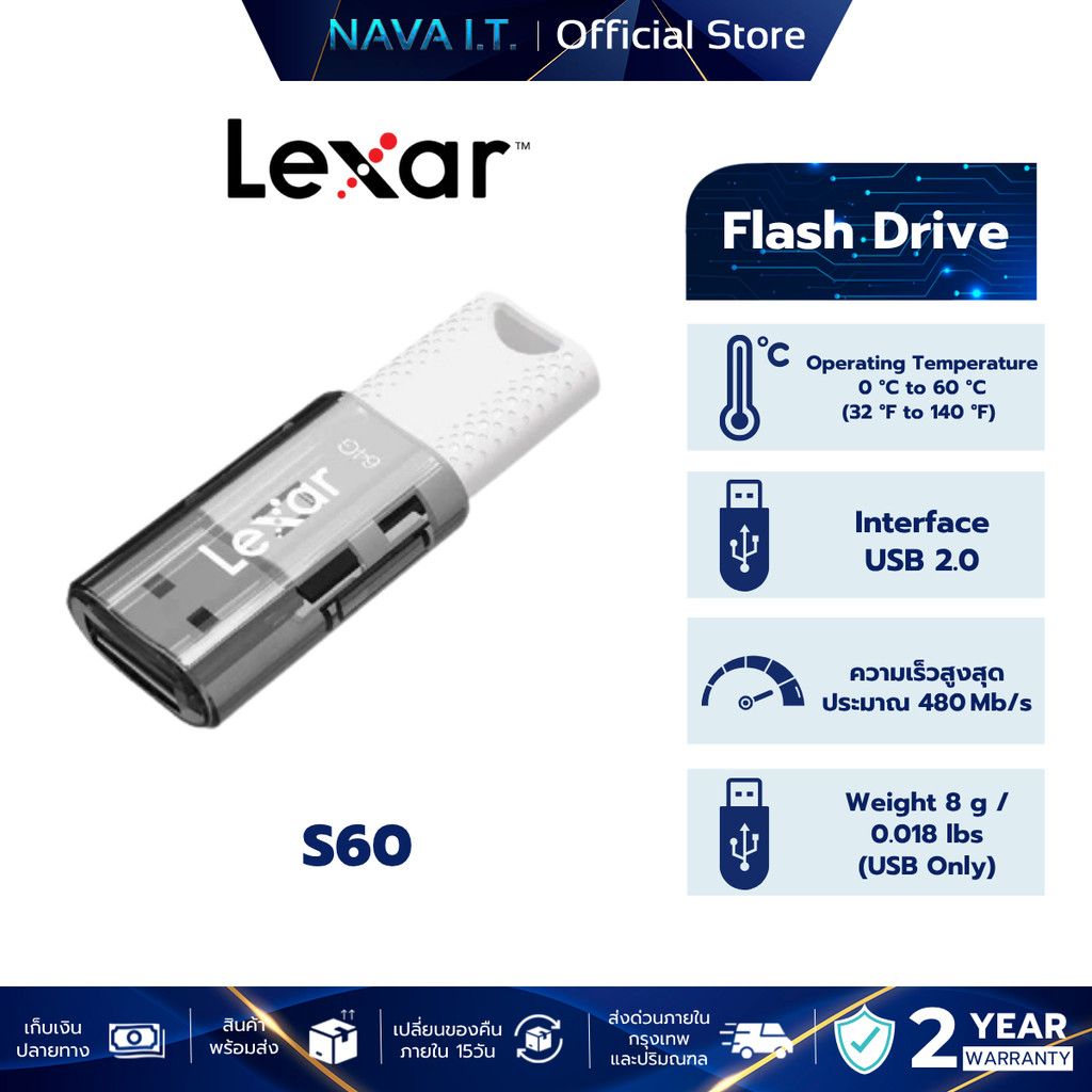 LEXAR S60 USB 2.0 Flash Drive (แฟลชไดรฟ์) Plug and Play