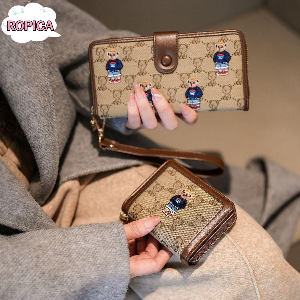 โรปิกา กระเป๋าผู้หญิงกระเป๋าใส่เหรียญผ้าแคนวาสลายการ์ตูนแฟชั่นช่องเสียบการ์ดหลายช่องน่ารักถักกระเป๋าถือหมีที่เก็บ