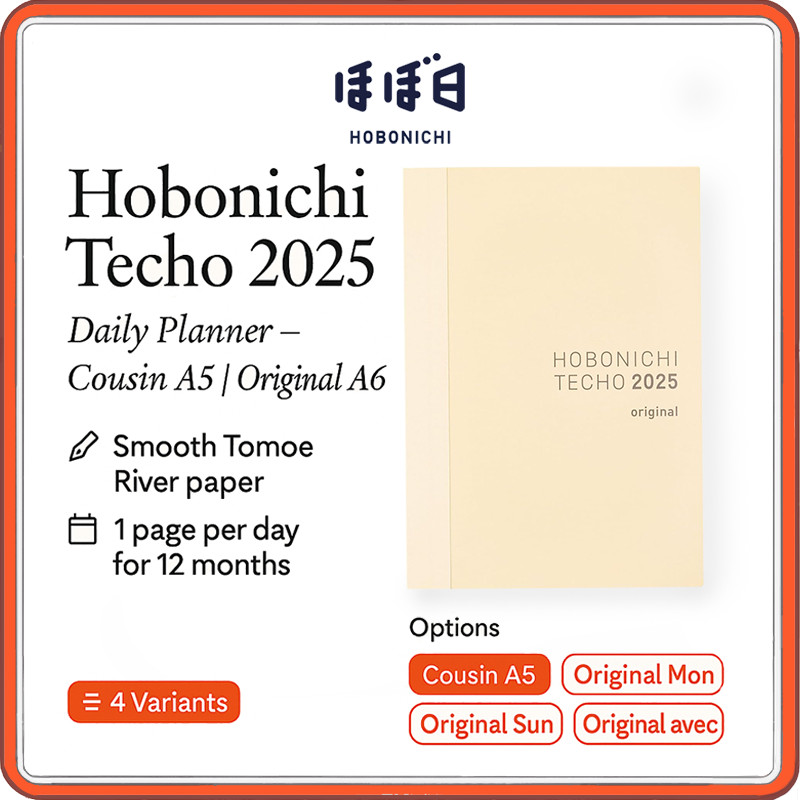 Hobonichi Techo 2025 Daily Planner Japanese Version – Cousin A5 & Original A6 (Monday-Start, Sunday-Start, avec 2-Book Set) | 1-Page-Per-Day Notebook with Tomoe River Paper