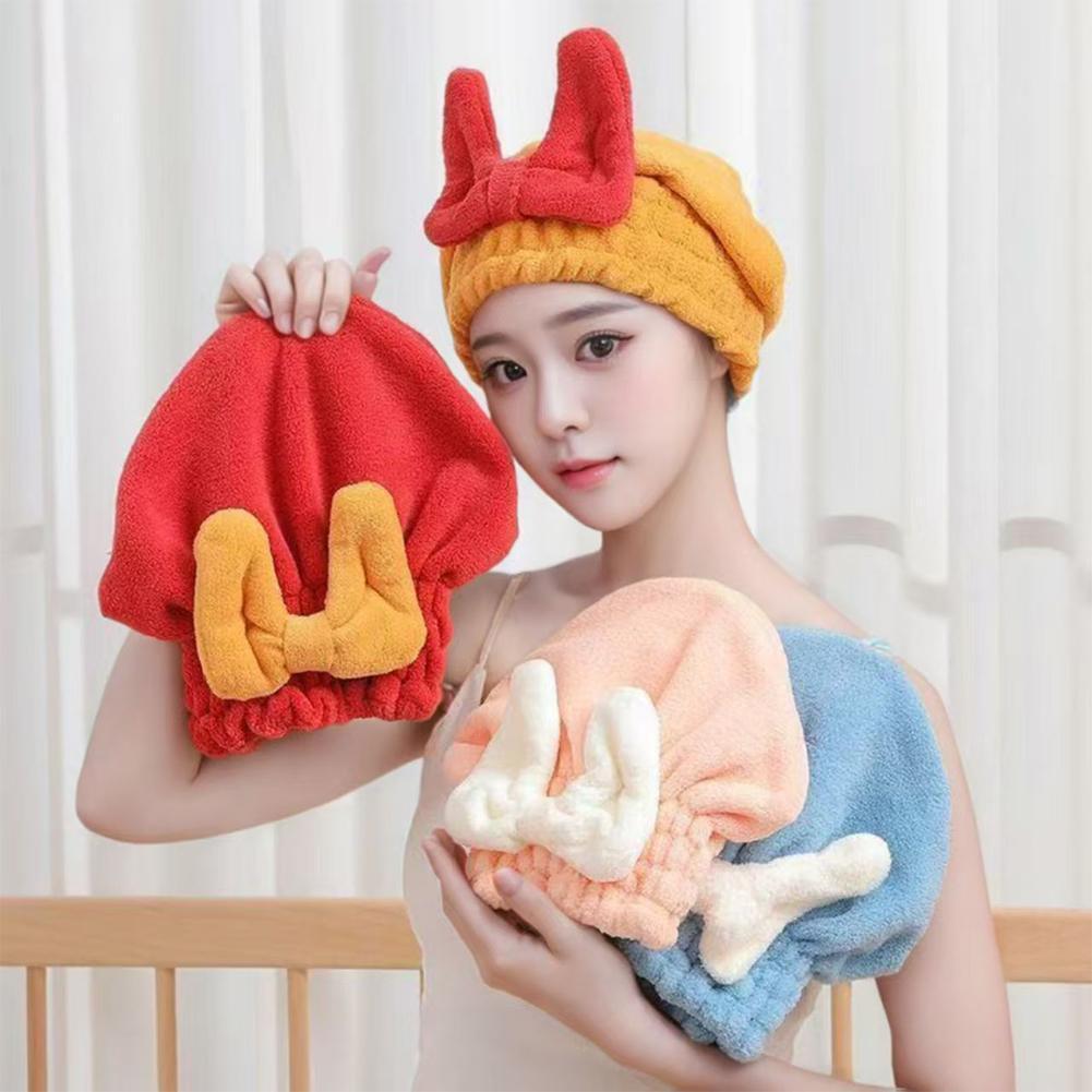 Bowknot ผมแห้งหมวก Double-layer หนา Super Absorbent Quick-drying Hair Towel Quick T8o3