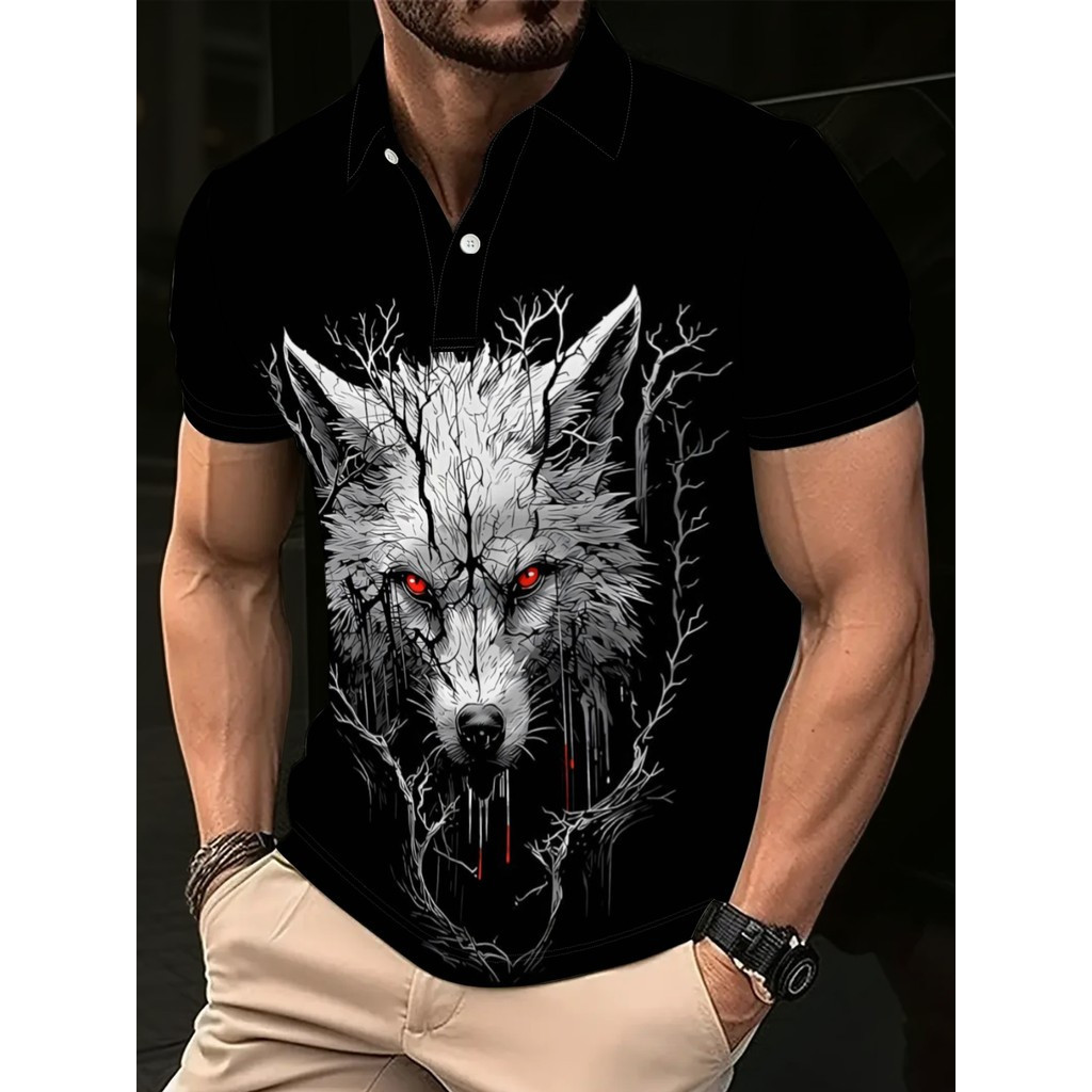 Forest Wolf Head Print Shirt Men Dark Style Lapel Short Sleeve Top