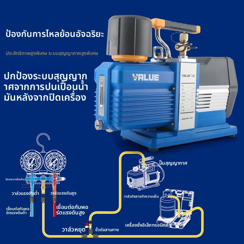 ปั๊มสุญญากาศ VALUE รุ่น 2FY-6C-N 6 ลิตร สองขั้น มอเตอร์ไร้แปรงป้องกันประกายไฟ รองรับระบบน้ำยาแอร์ R3