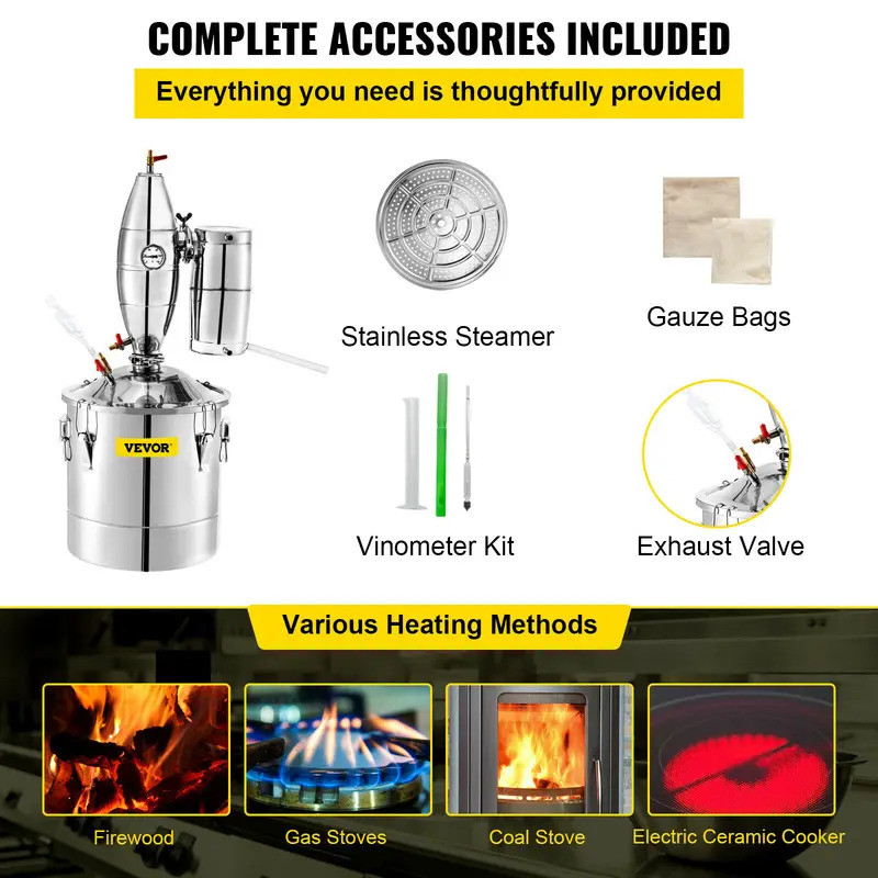 ความปฏิบัติที่ยอดเยี่ยม VEVOR 20L 30L 50L 70L แอลกอฮอล์ Distiller เครื่องเบียร์ Brewing อุปกรณ์ DIY 